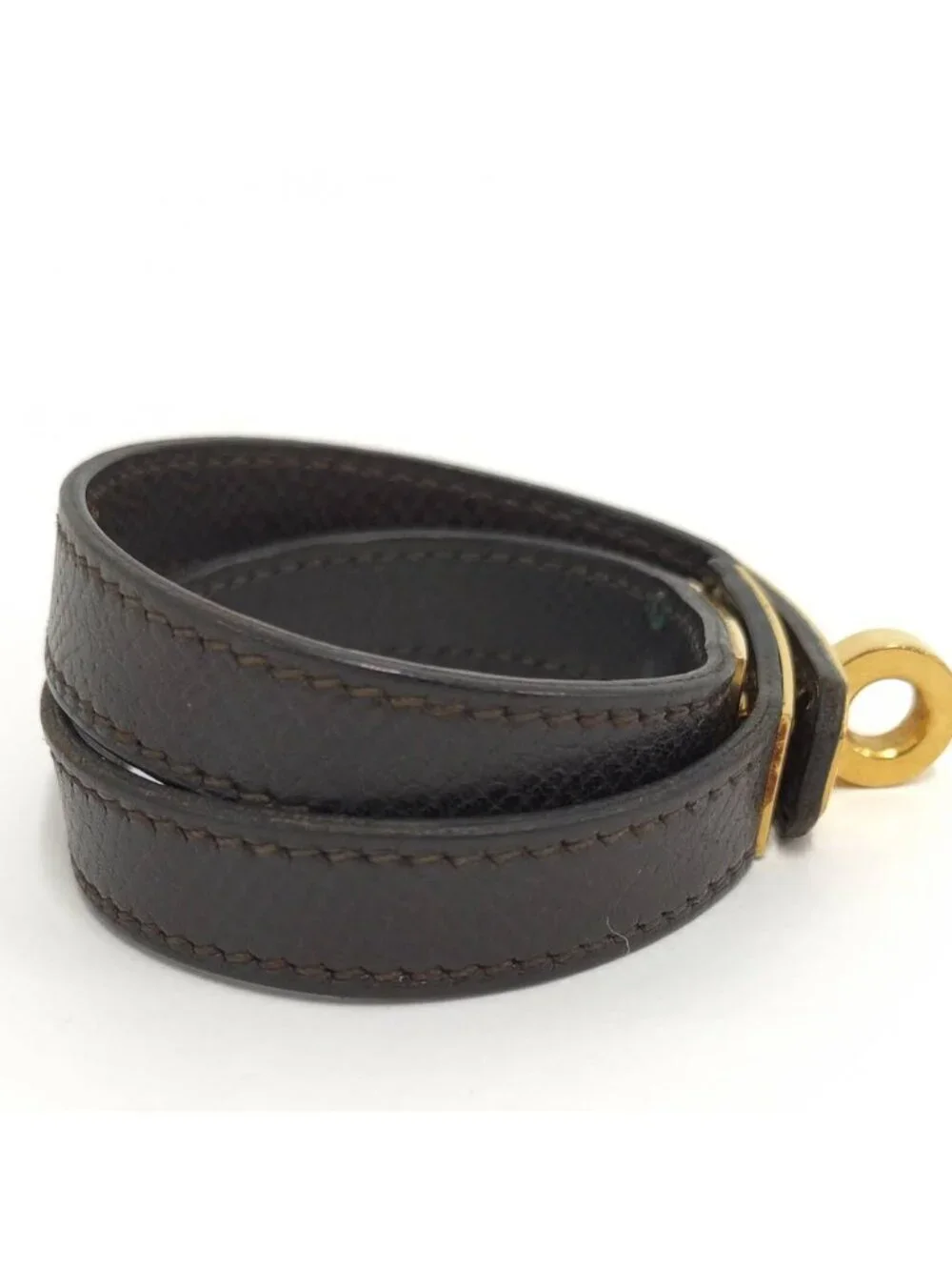 Hermes Tall Double Tour Bracelet Leather Dark Brown Gold Plated